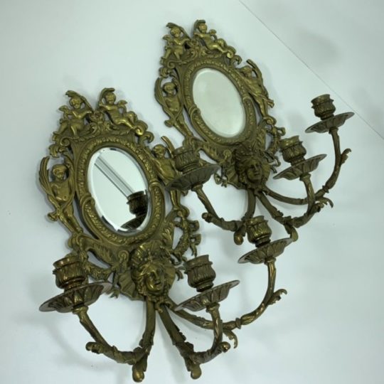 Антикварные бронзовые бра на три свечи с зеркалами в стиле Ренессанс