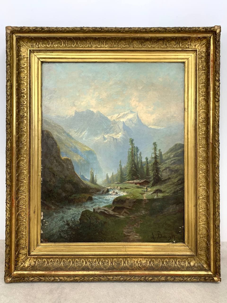 Антикварная картина, горный пейзаж