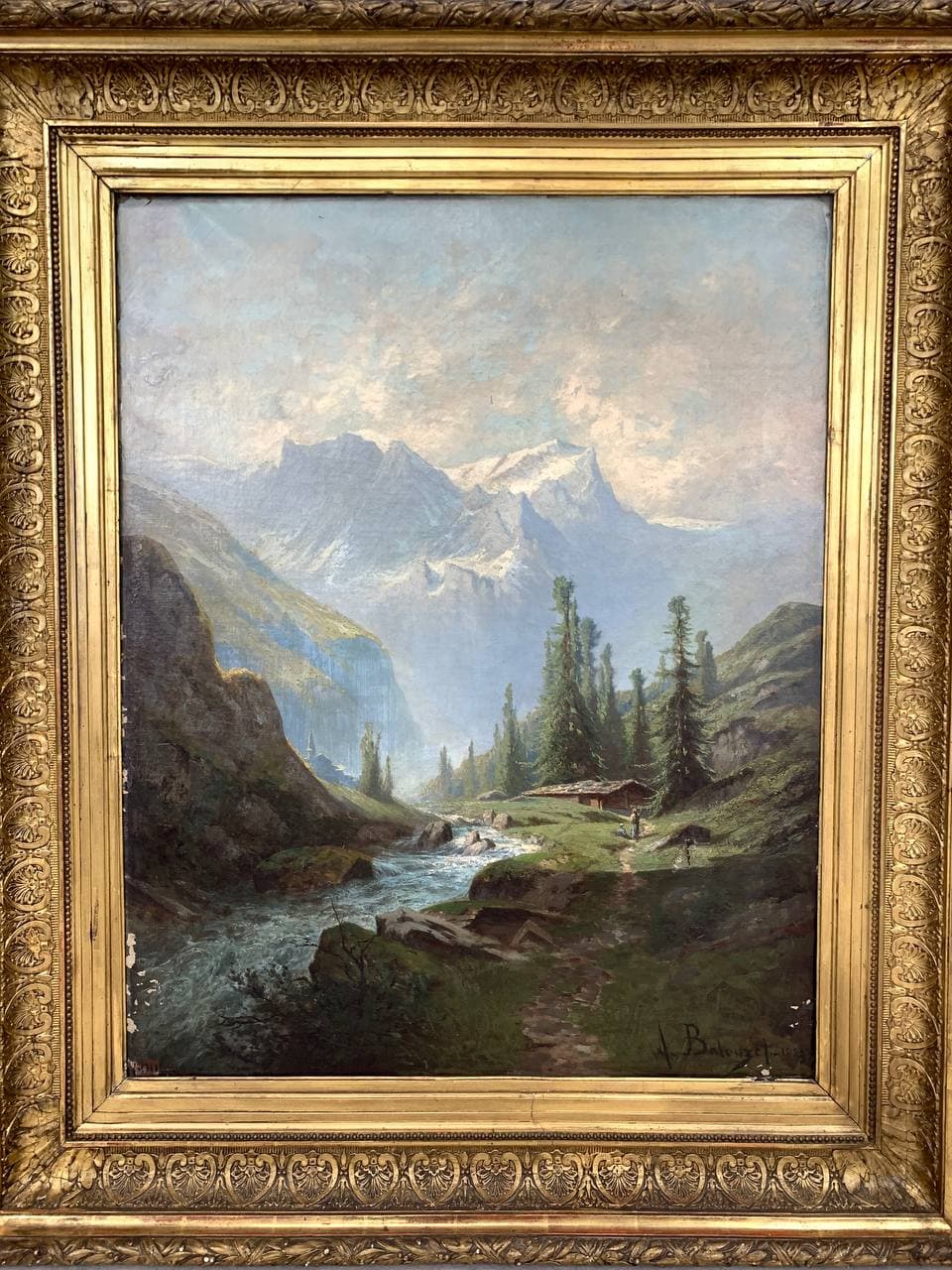 Антикварная картина, горный пейзаж