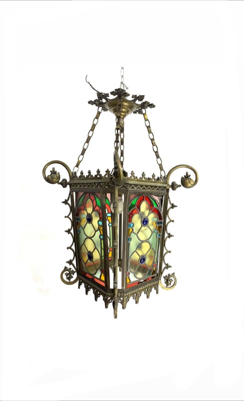 Антикварный бронзовый фонарь с витражами