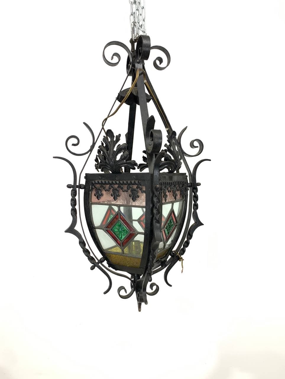 Антикварный кованый фонарь с витражами